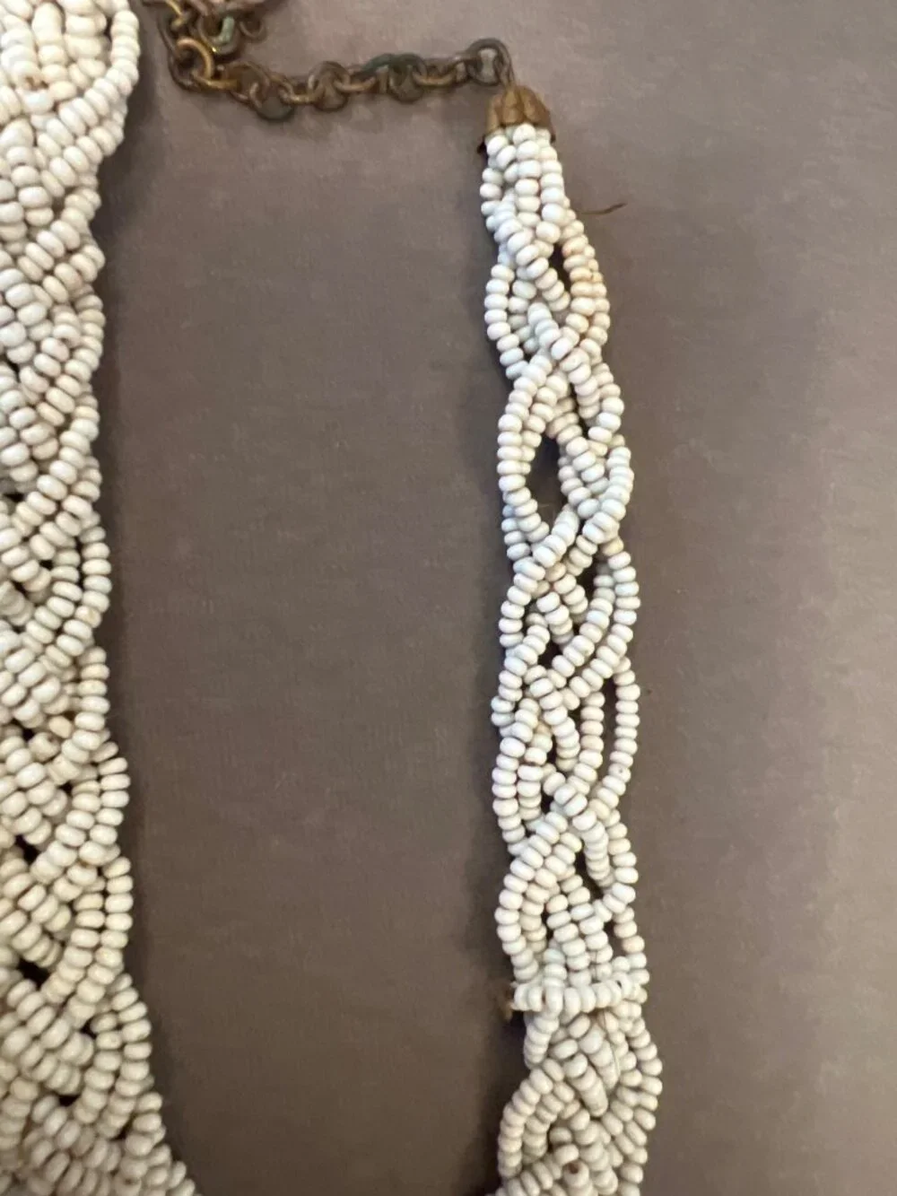 Vintage White Beaded Necklace With Brass-Tone Chain & Bead Accent Pendant READ